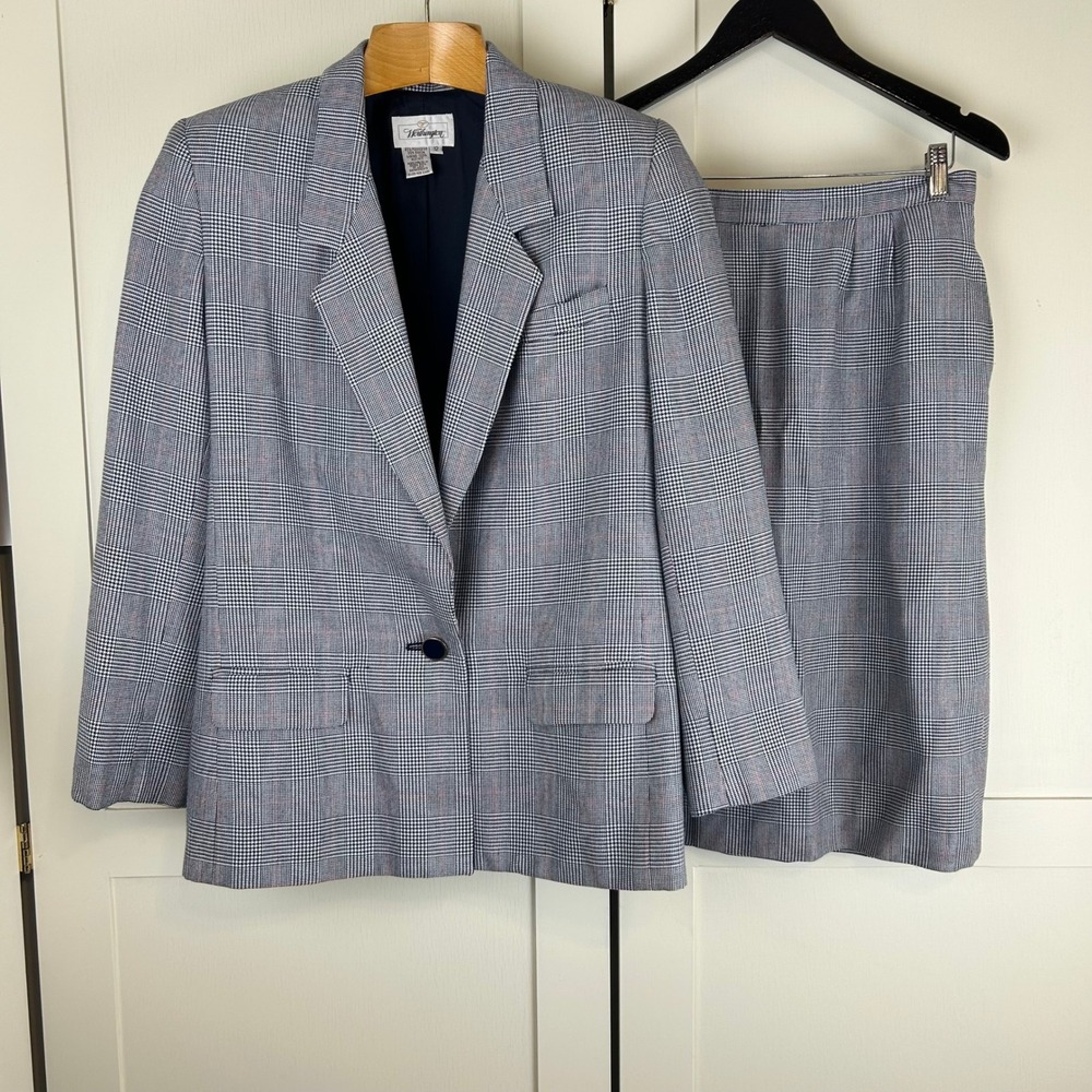 Vintage Skirt Suit Women 12 Gray Glen Plaid Blazer Set Career Dark Academia